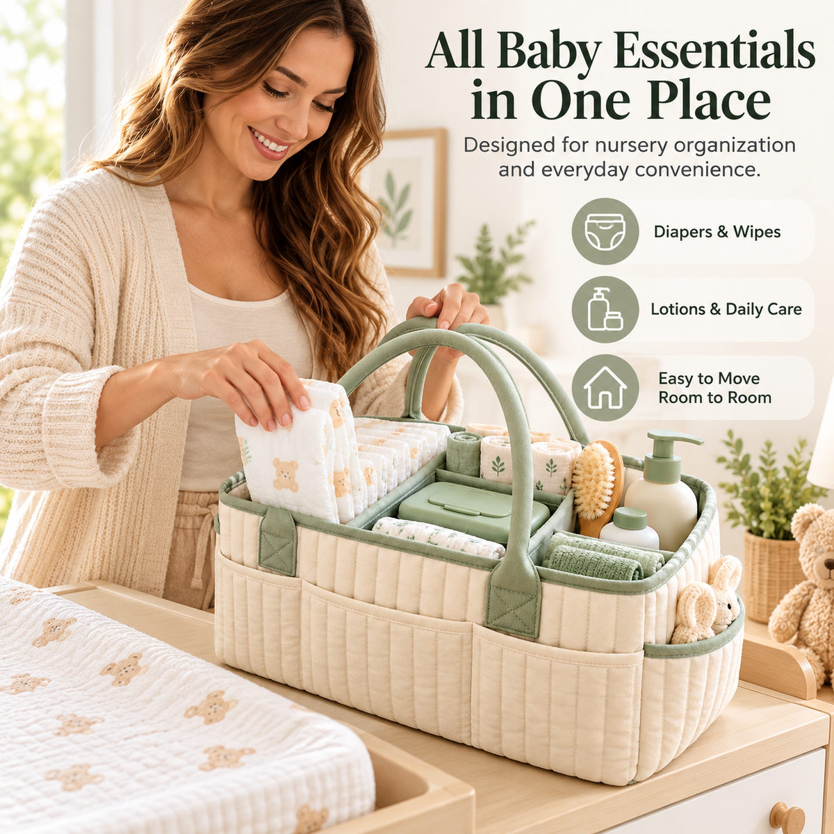 Modular Baby Diaper Caddy Organizer with Removable Dividers, Soft Curved Handles & Spacious Storage for Everyday Nursery Essentials