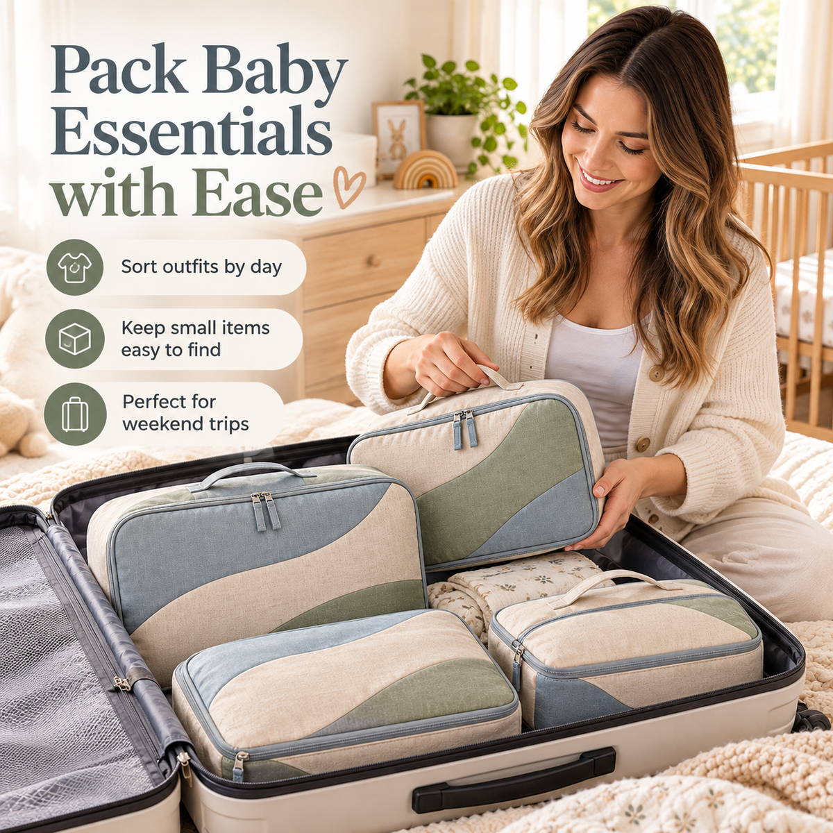 4-Piece Baby Clothes Packing Cube Set with Coordinated Storage Pouches, Curved Color-Block Design & Organized Compartments for Family Travel