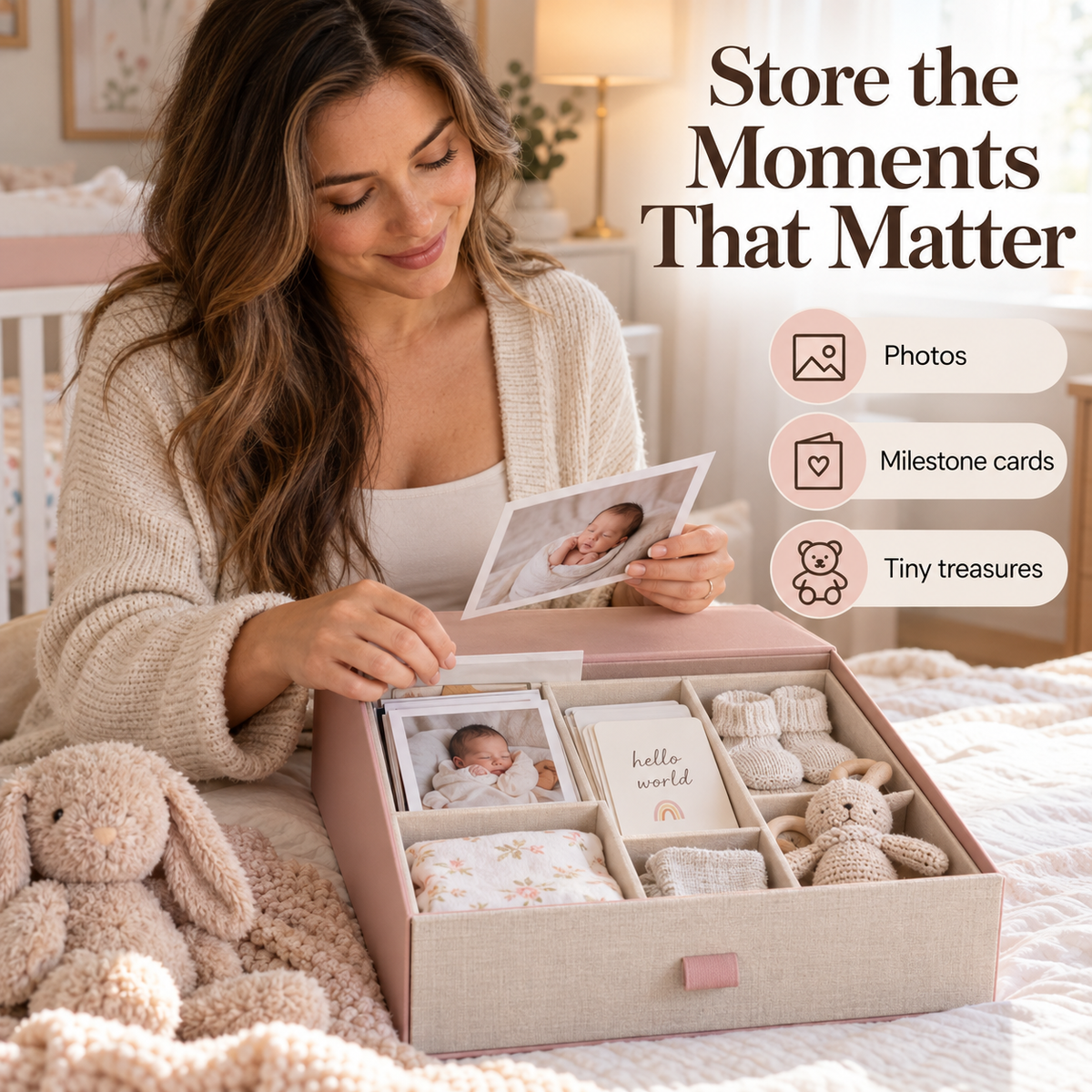 Baby Memory Keepsake Box with Elegant Drawer-Style Design, Separate Storage Compartments & Thoughtful Organization for Newborn Milestones and Family Mementos