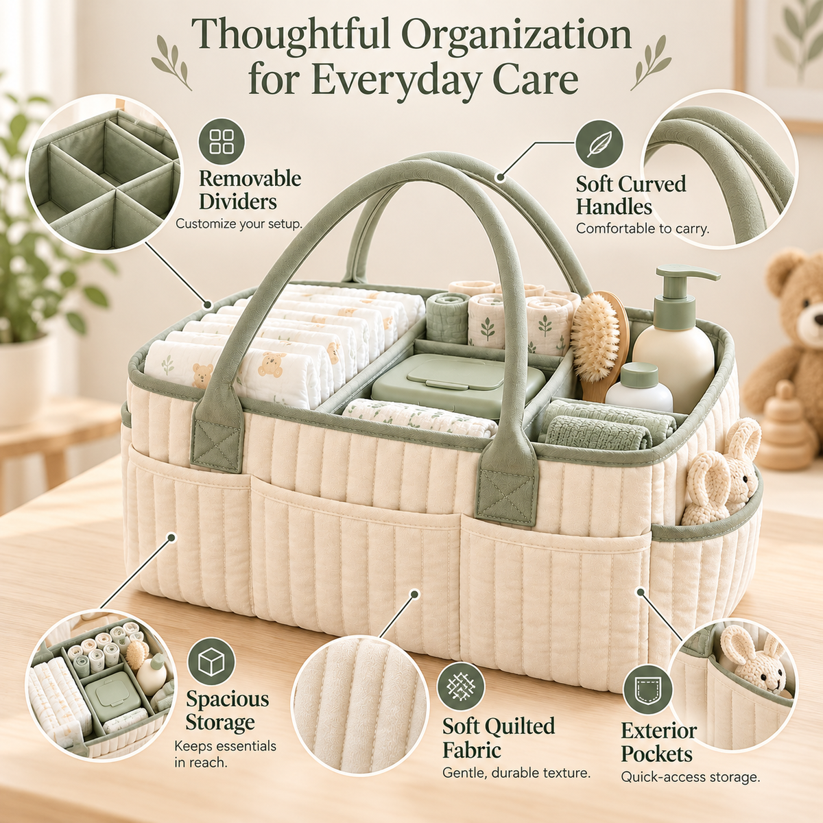 Modular Baby Diaper Caddy Organizer with Removable Dividers, Soft Curved Handles & Spacious Storage for Everyday Nursery Essentials