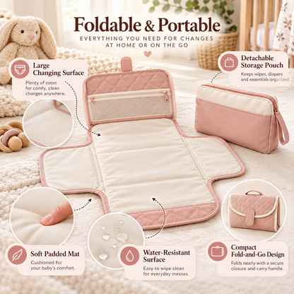 Portable Foldable Baby Changing Mat with Detachable Storage Pouch, Compact Travel-Friendly Design & Convenient Diaper Organization