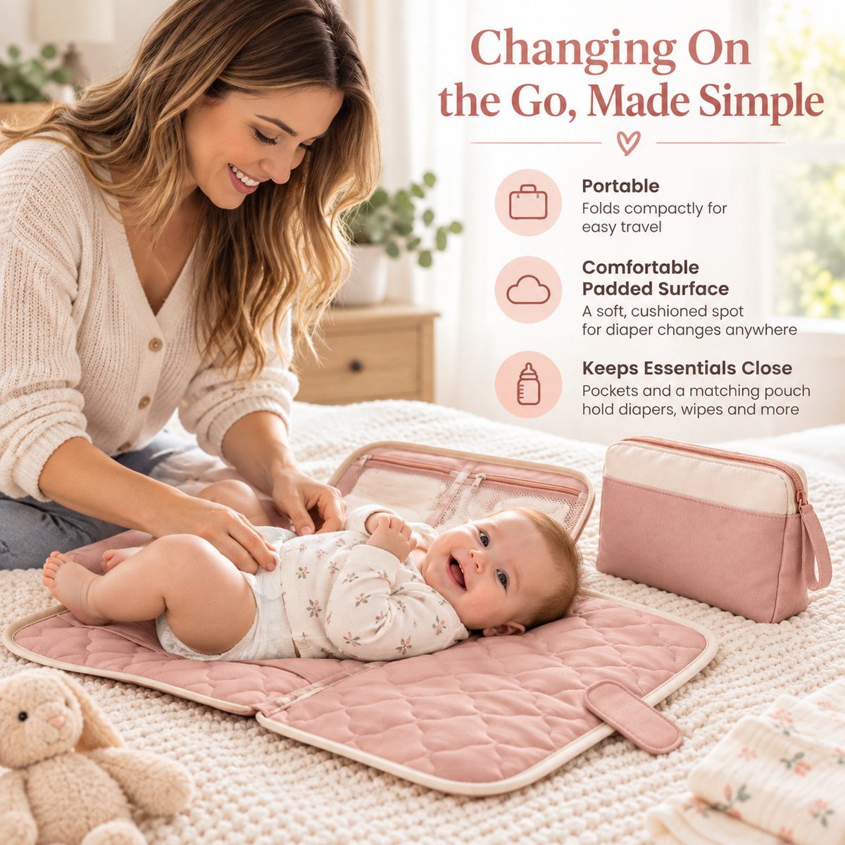 Portable Foldable Baby Changing Mat with Detachable Storage Pouch, Compact Travel-Friendly Design & Convenient Diaper Organization
