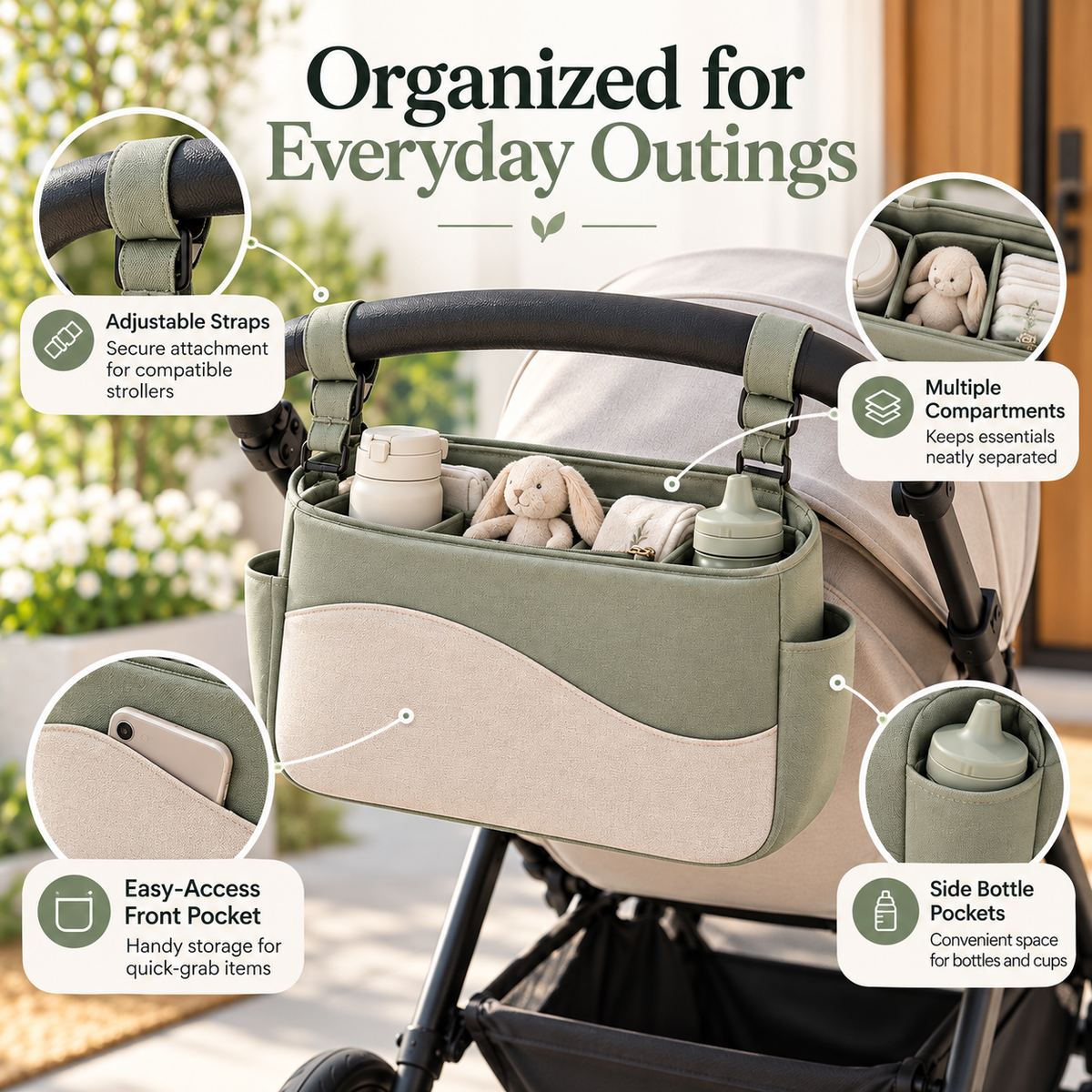 Minimalist Baby Stroller Organizer Bag with Adjustable Attachment Straps, Multiple Storage Compartments & Easy-Access Parent Essentials Pocket