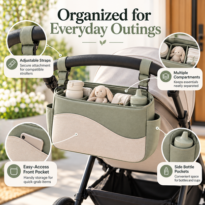 Minimalist Baby Stroller Organizer Bag with Adjustable Attachment Straps, Multiple Storage Compartments & Easy-Access Parent Essentials Pocket