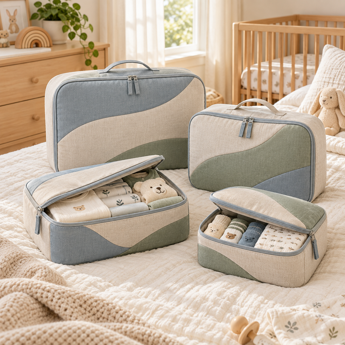 4-Piece Baby Clothes Packing Cube Set with Coordinated Storage Pouches, Curved Color-Block Design & Organized Compartments for Family Travel