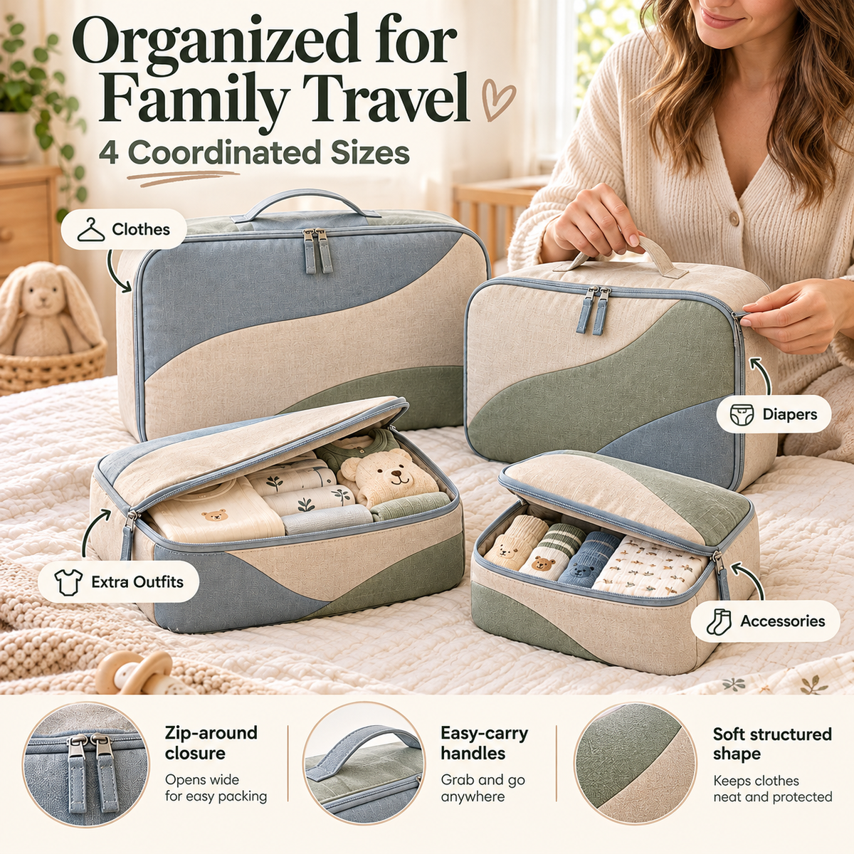 4-Piece Baby Clothes Packing Cube Set with Coordinated Storage Pouches, Curved Color-Block Design & Organized Compartments for Family Travel