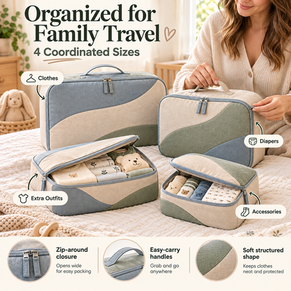 4-Piece Baby Clothes Packing Cube Set with Coordinated Storage Pouches, Curved Color-Block Design & Organized Compartments for Family Travel