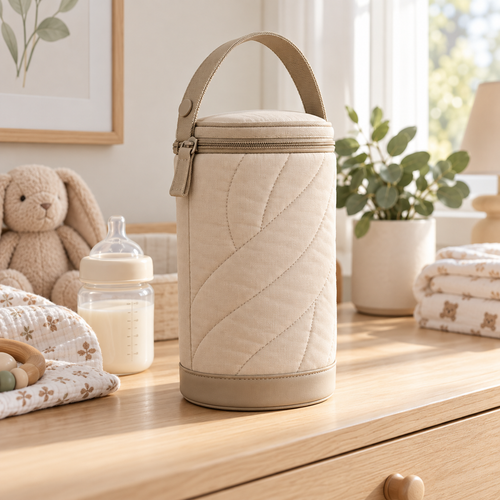 Portable Insulated Baby Bottle Carrier with Quilted Exterior, Compact Oval-Shaped Design & Convenient Carry Handle for Everyday Family Outings