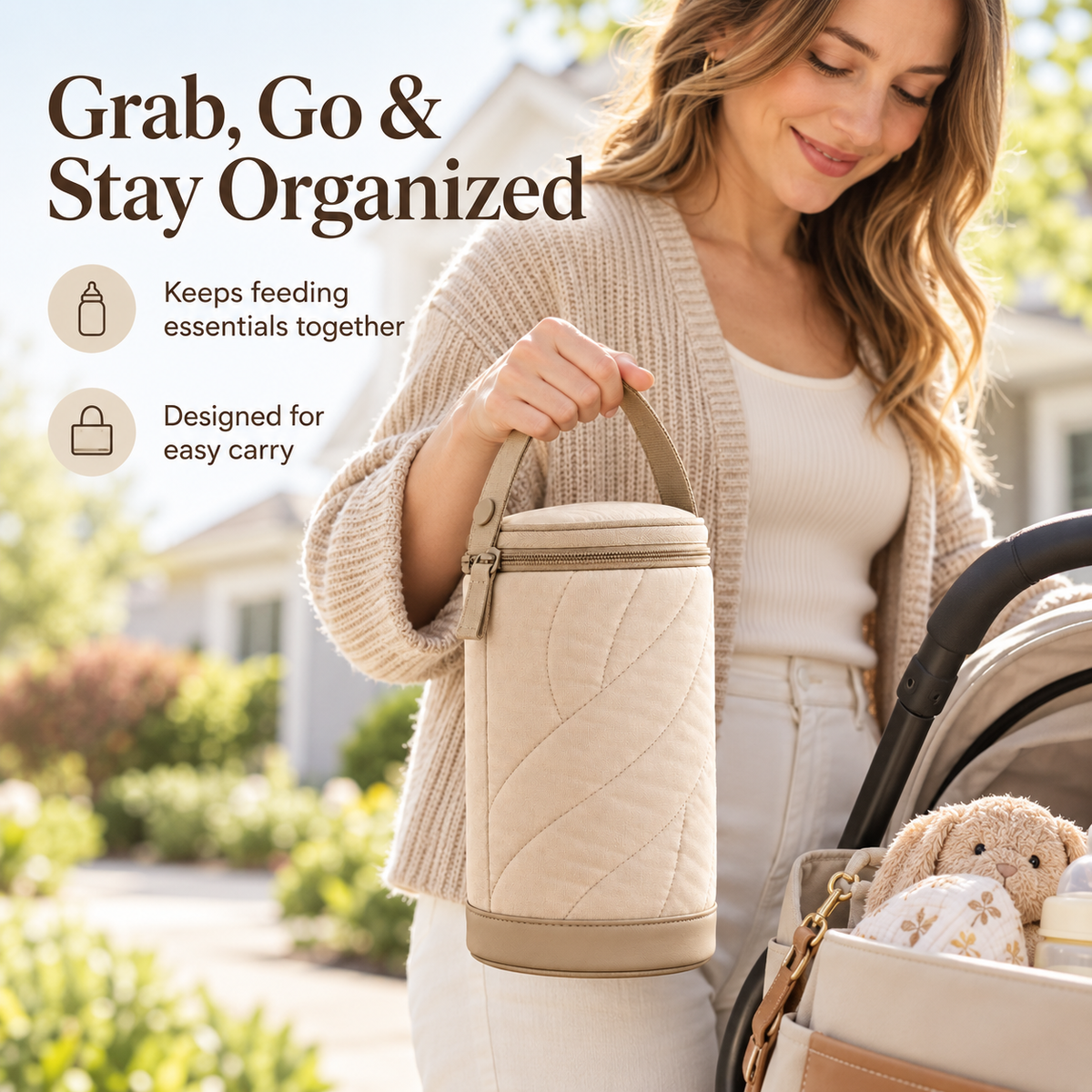 Portable Insulated Baby Bottle Carrier with Quilted Exterior, Compact Oval-Shaped Design & Convenient Carry Handle for Everyday Family Outings