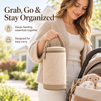 Portable Insulated Baby Bottle Carrier with Quilted Exterior, Compact Oval-Shaped Design & Convenient Carry Handle for Everyday Family Outings