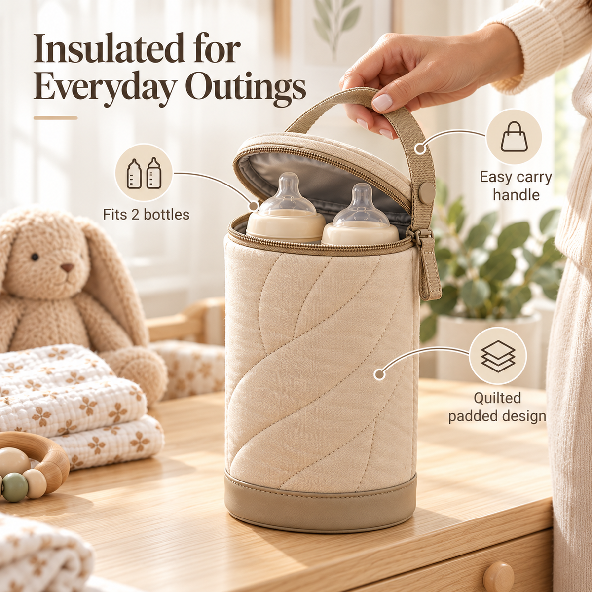 Portable Insulated Baby Bottle Carrier with Quilted Exterior, Compact Oval-Shaped Design & Convenient Carry Handle for Everyday Family Outings