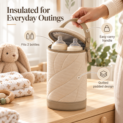Portable Insulated Baby Bottle Carrier with Quilted Exterior, Compact Oval-Shaped Design & Convenient Carry Handle for Everyday Family Outings