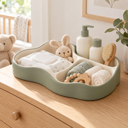 Wave-Edge Nursery Care Organizer Tray with Three Asymmetrical Storage Compartments, Soft Curved Design & Minimalist Desktop Organization