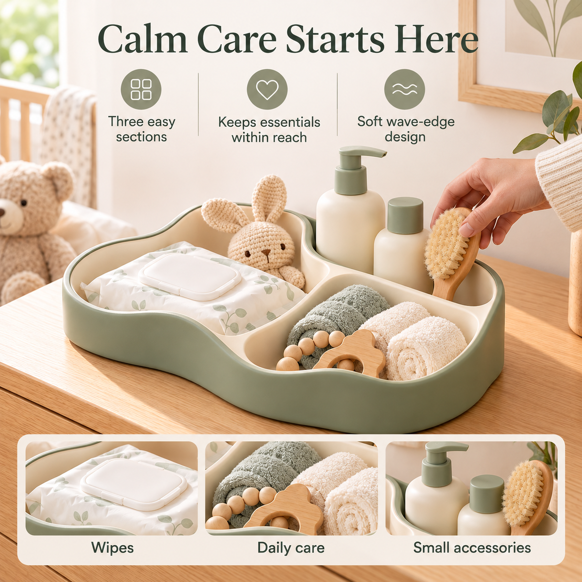 Wave-Edge Nursery Care Organizer Tray with Three Asymmetrical Storage Compartments, Soft Curved Design & Minimalist Desktop Organization