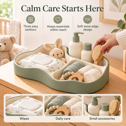 Wave-Edge Nursery Care Organizer Tray with Three Asymmetrical Storage Compartments, Soft Curved Design & Minimalist Desktop Organization