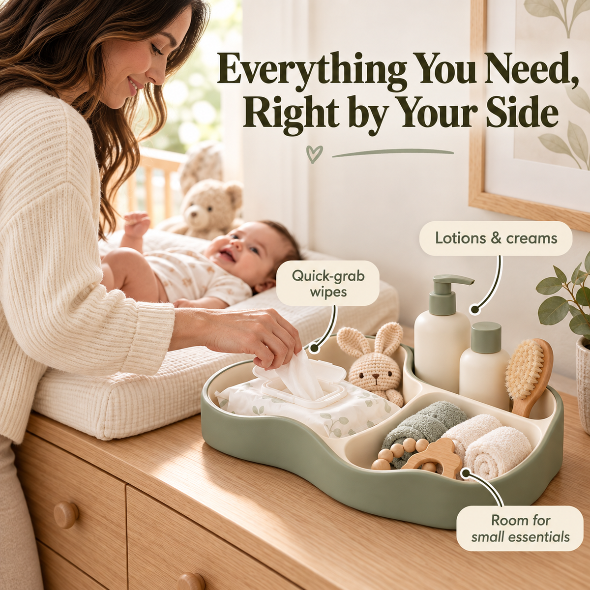 Wave-Edge Nursery Care Organizer Tray with Three Asymmetrical Storage Compartments, Soft Curved Design & Minimalist Desktop Organization