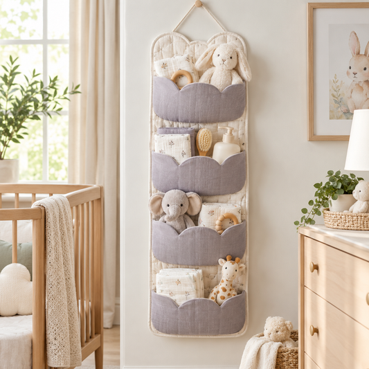 Soft Fabric Wall Organizer with Layered Curved Storage Pockets, Minimalist Hanging Design & Space-Saving Organization for Nursery and Home Essentials