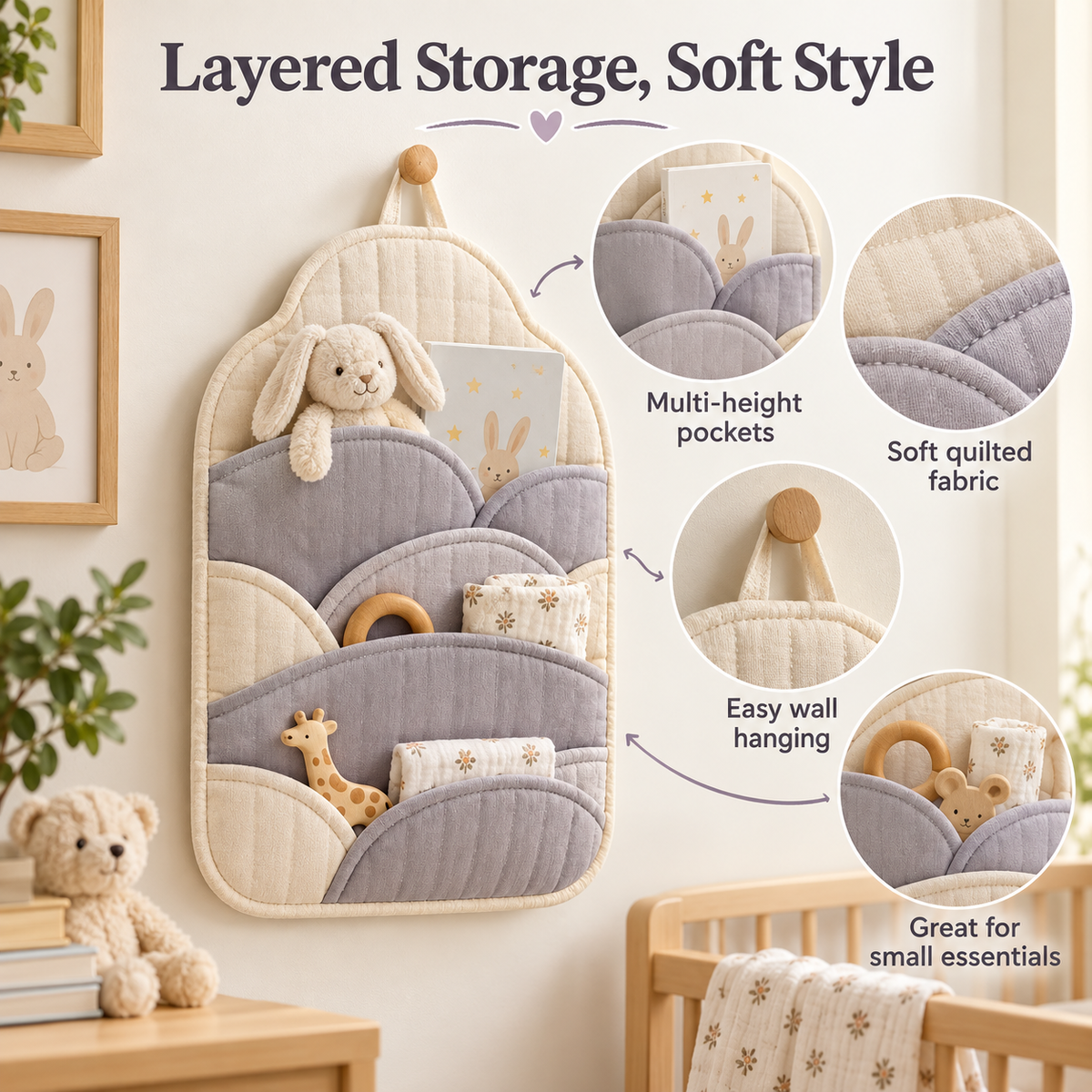 Soft Fabric Wall Organizer with Layered Curved Storage Pockets, Minimalist Hanging Design & Space-Saving Organization for Nursery and Home Essentials