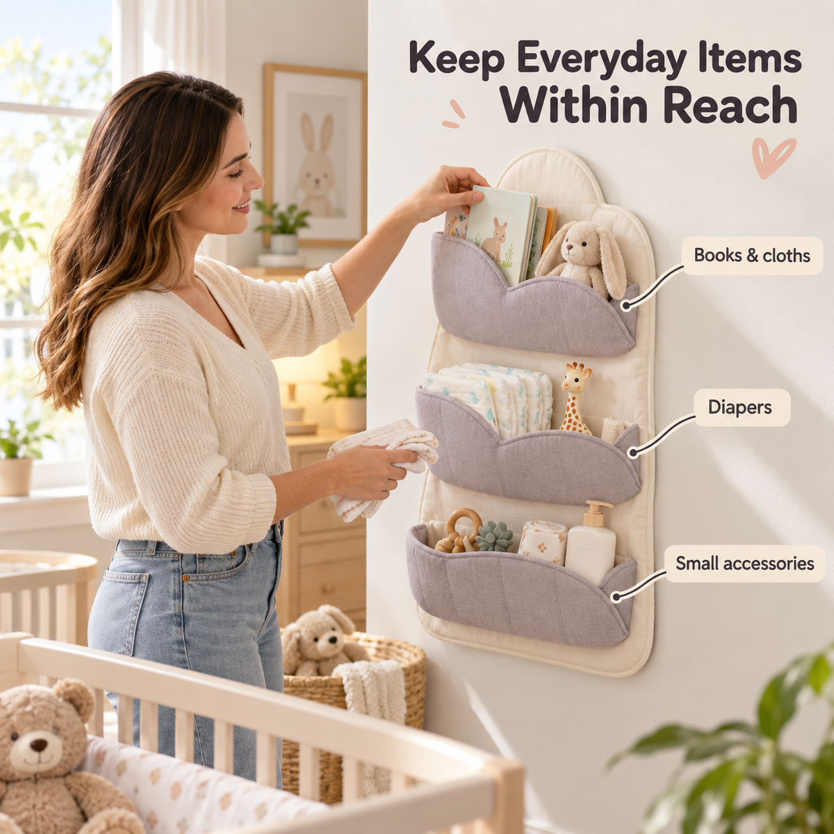 Soft Fabric Wall Organizer with Layered Curved Storage Pockets, Minimalist Hanging Design & Space-Saving Organization for Nursery and Home Essentials