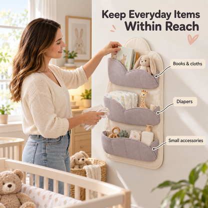 Soft Fabric Wall Organizer with Layered Curved Storage Pockets, Minimalist Hanging Design & Space-Saving Organization for Nursery and Home Essentials
