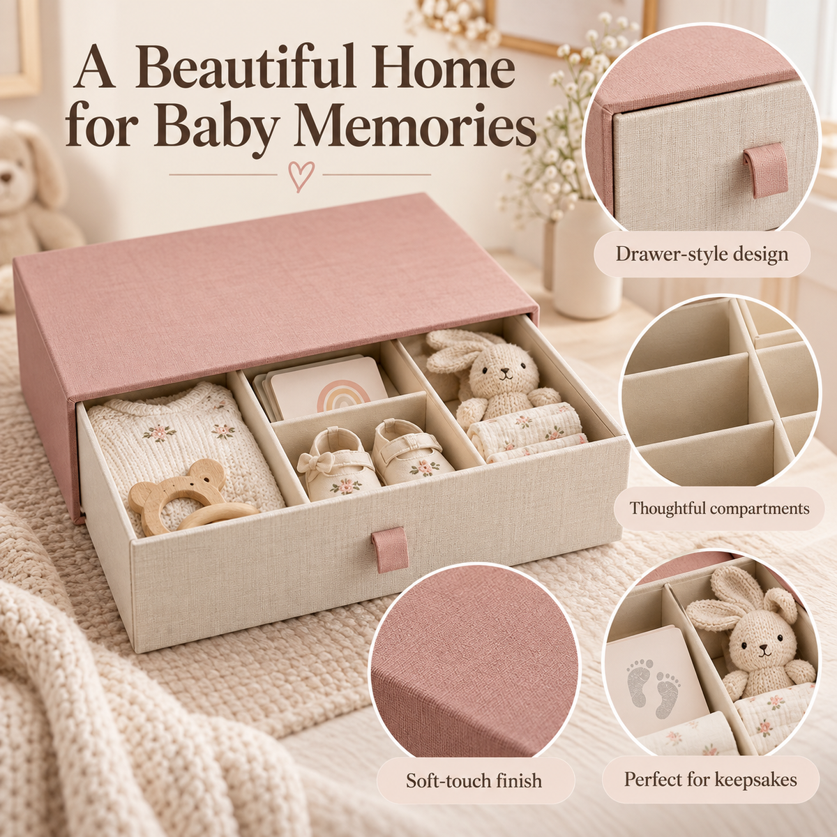 Baby Memory Keepsake Box with Elegant Drawer-Style Design, Separate Storage Compartments & Thoughtful Organization for Newborn Milestones and Family Mementos