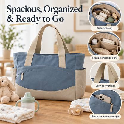 Large Everyday Parent Tote Bag with Spacious Interior, Concealed Front Pocket, Multiple Storage Compartments & Minimalist Carryall Design for Family Outings