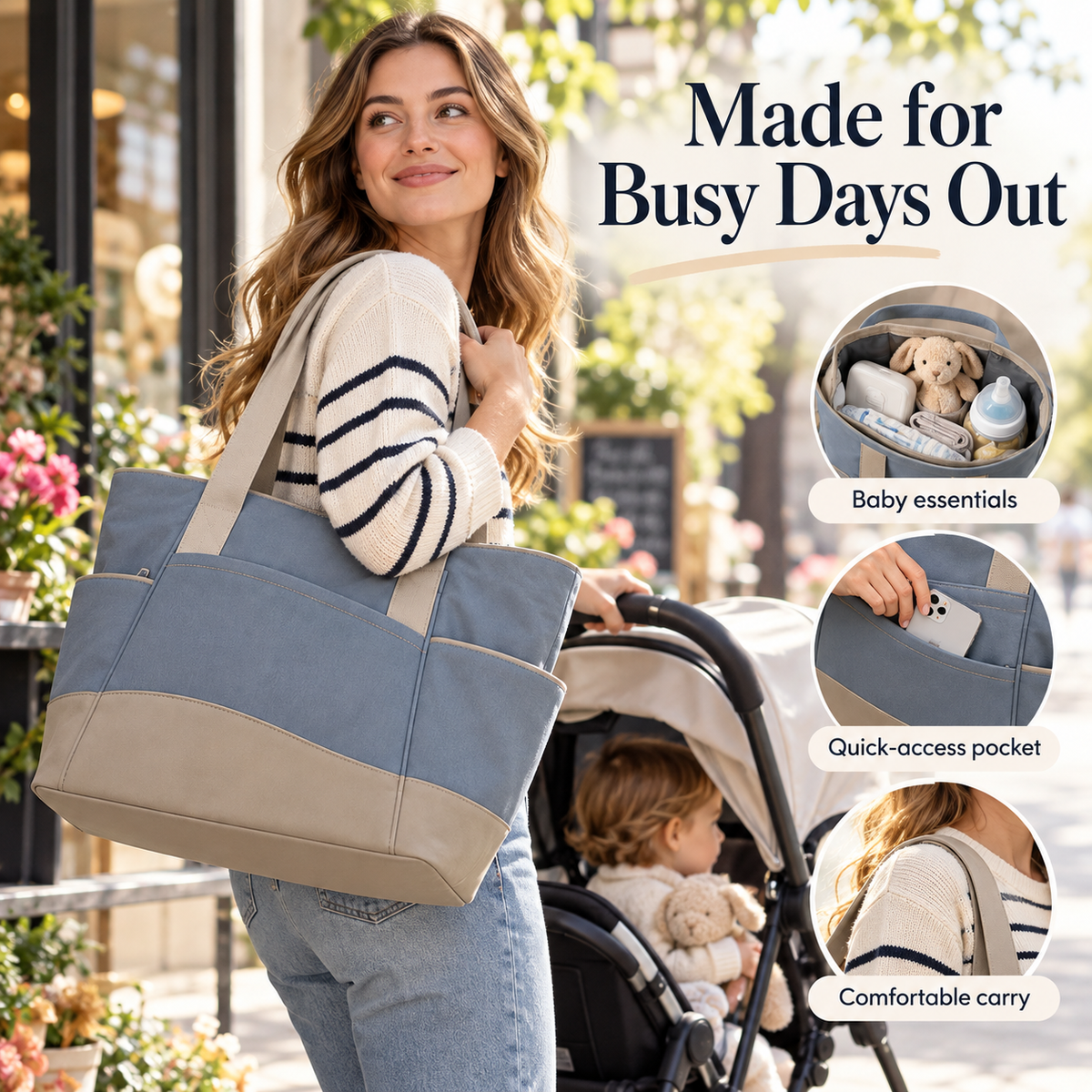 Large Everyday Parent Tote Bag with Spacious Interior, Concealed Front Pocket, Multiple Storage Compartments & Minimalist Carryall Design for Family Outings