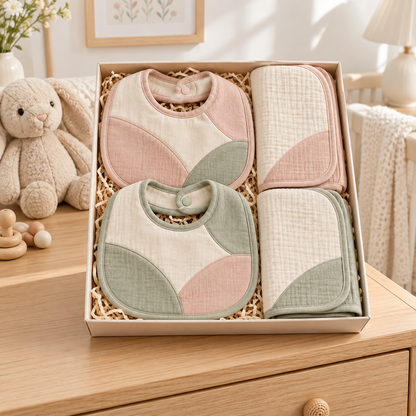 Coordinated Baby Bib & Burp Cloth Gift Set with Soft Curved Color-Block Design, Everyday Feeding Accessories & Elegant Newborn Gift Packaging