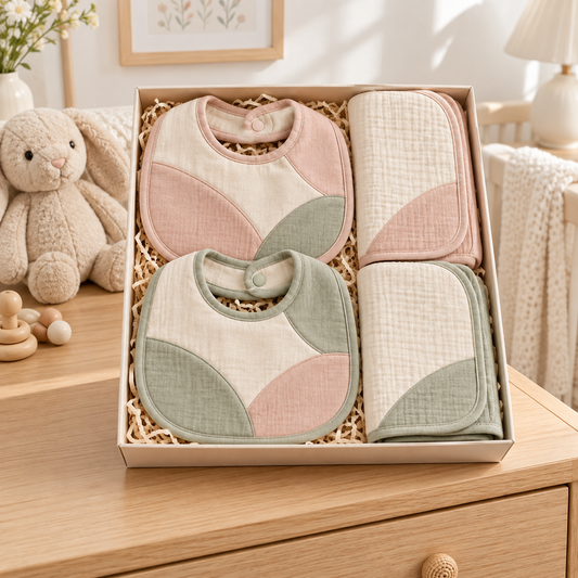 Coordinated Baby Bib & Burp Cloth Gift Set with Soft Curved Color-Block Design, Everyday Feeding Accessories & Elegant Newborn Gift Packaging