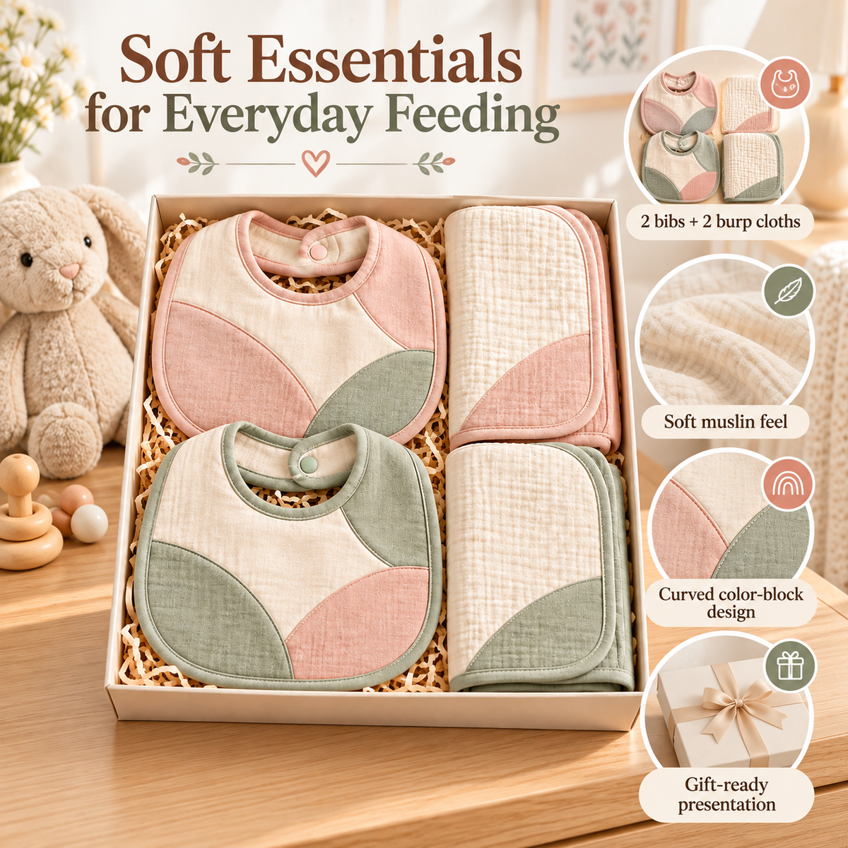 Coordinated Baby Bib & Burp Cloth Gift Set with Soft Curved Color-Block Design, Everyday Feeding Accessories & Elegant Newborn Gift Packaging