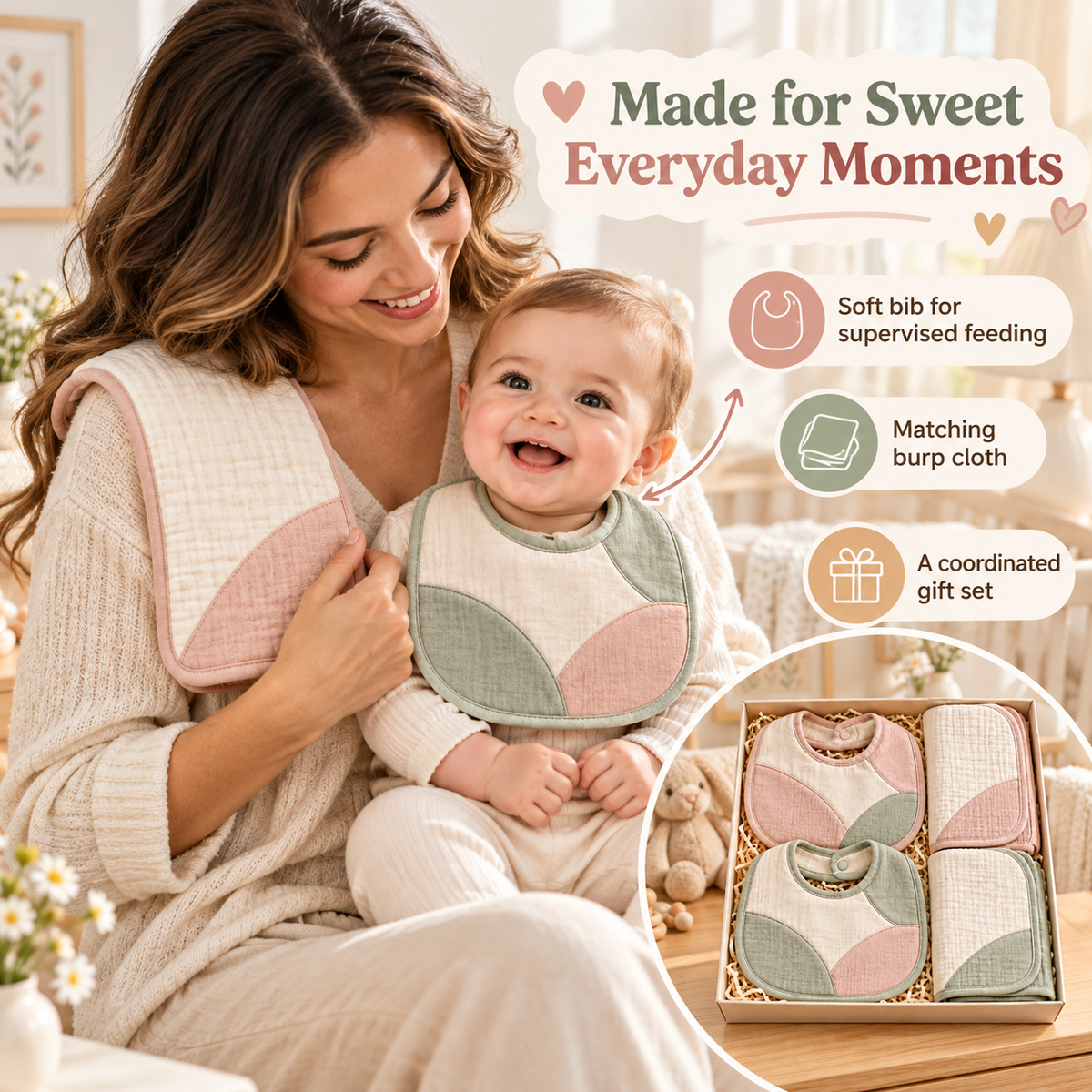 Coordinated Baby Bib & Burp Cloth Gift Set with Soft Curved Color-Block Design, Everyday Feeding Accessories & Elegant Newborn Gift Packaging