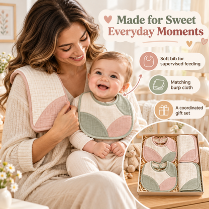 Coordinated Baby Bib & Burp Cloth Gift Set with Soft Curved Color-Block Design, Everyday Feeding Accessories & Elegant Newborn Gift Packaging
